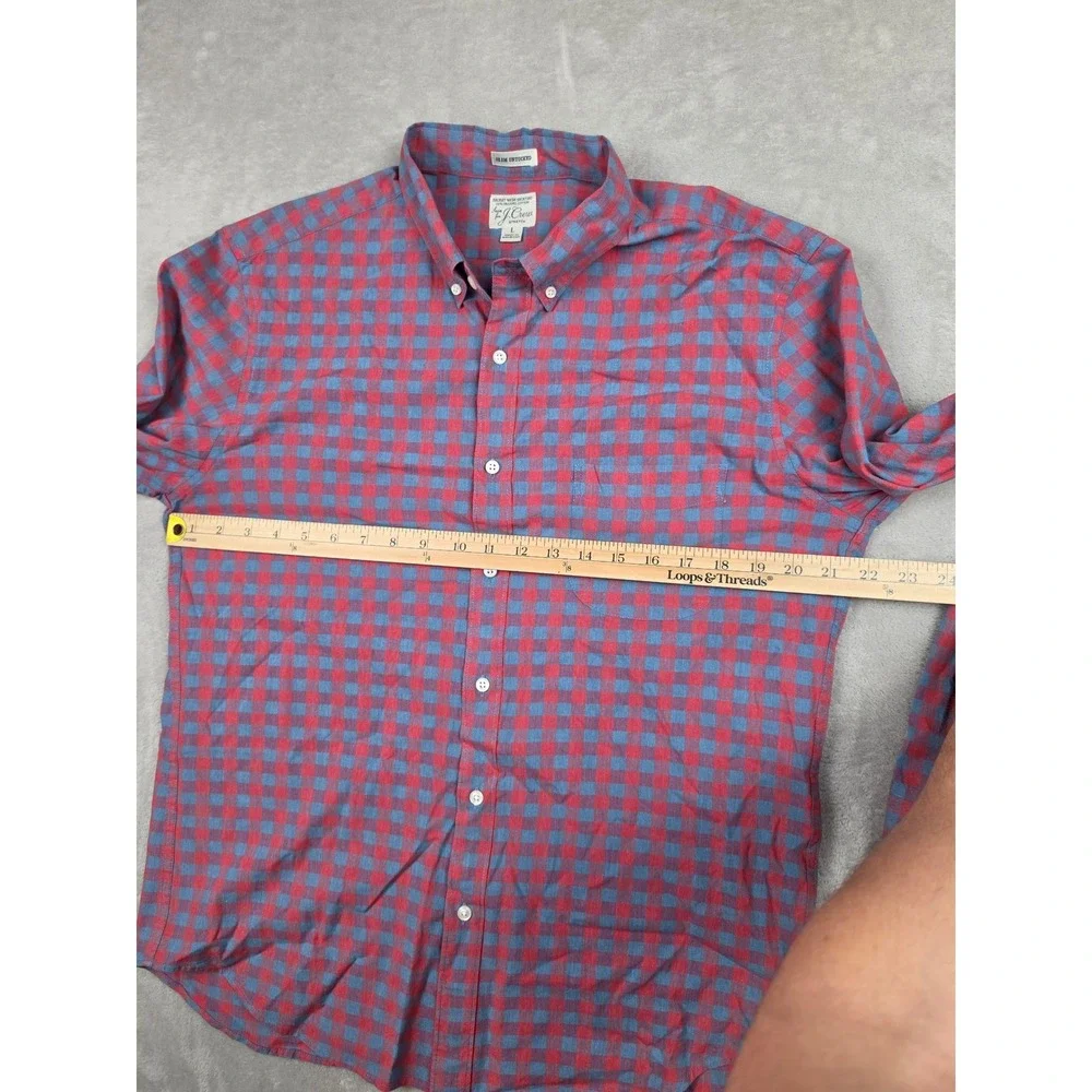 J. Crew Button Down Shirt Mens L Red Blue Gingham Slim Untucked Secret Wash